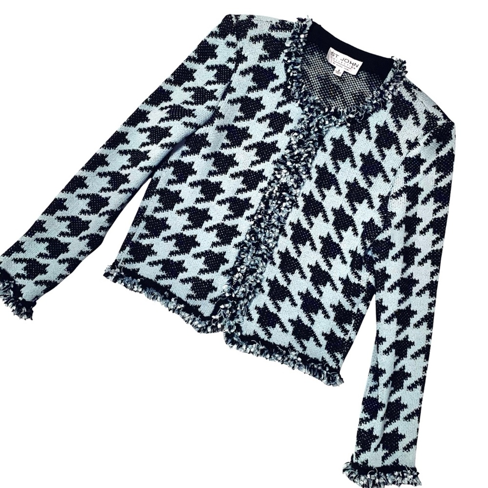 St. John • Houndstooth Knit Jacket Blazer w/ Fringe Trim || Size 8